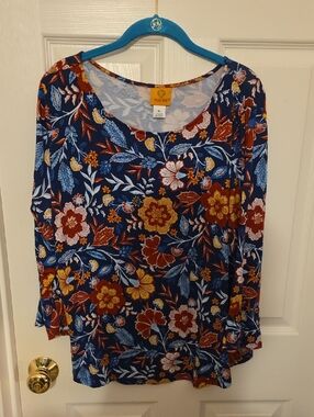 Ruby Rd. Navy Multicolor Floral Scoop Neck Long Sleeve Top